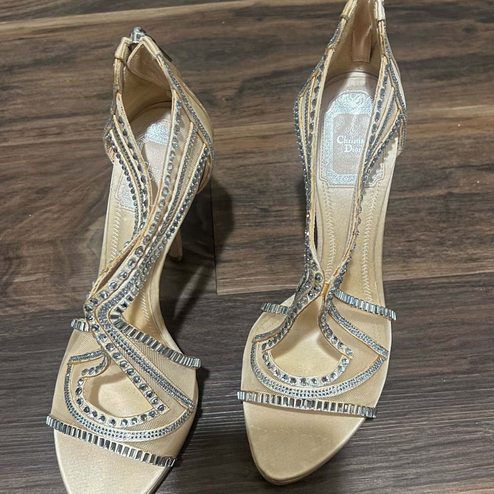 Dior Tan and Silver Strappy Heels with Rhinestone Embellishments